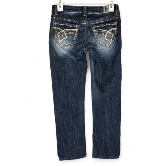 Hydraulic Low Rise Straight Leg Jeans Dark Wash Embroidered Pockets - Picture 2 of 11